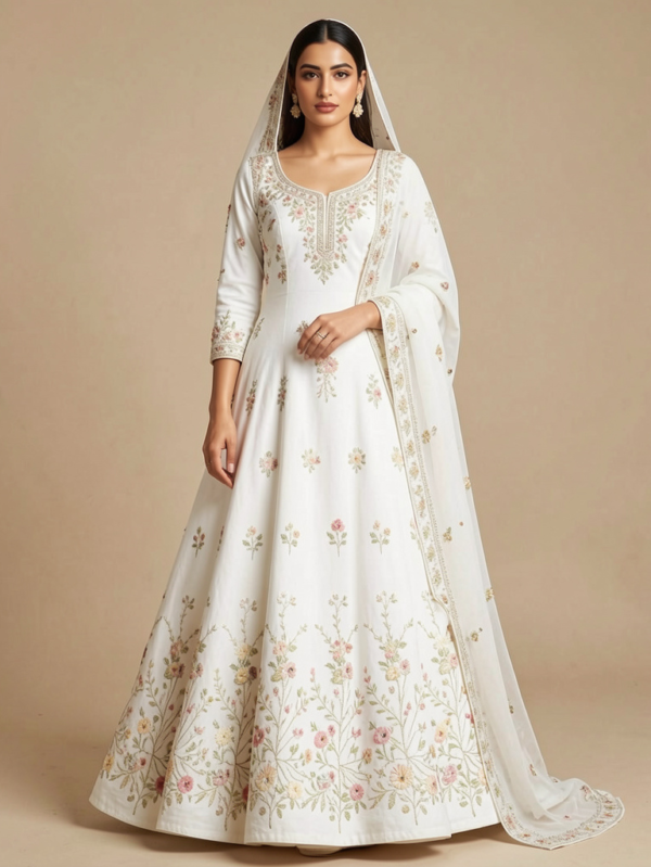 White Embroidered Anarkali Gown with Dupatta