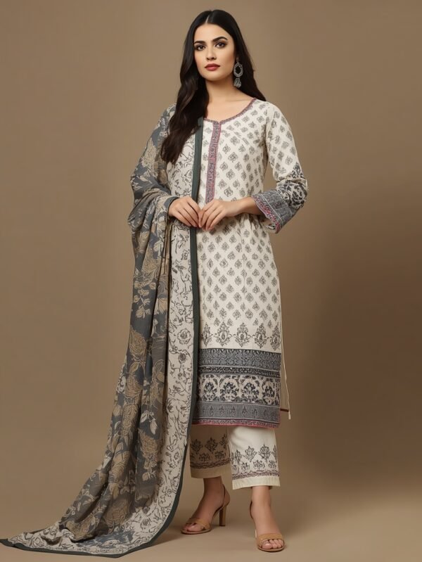 Monochrome Printed Cotton Straight Suit With Dupatta