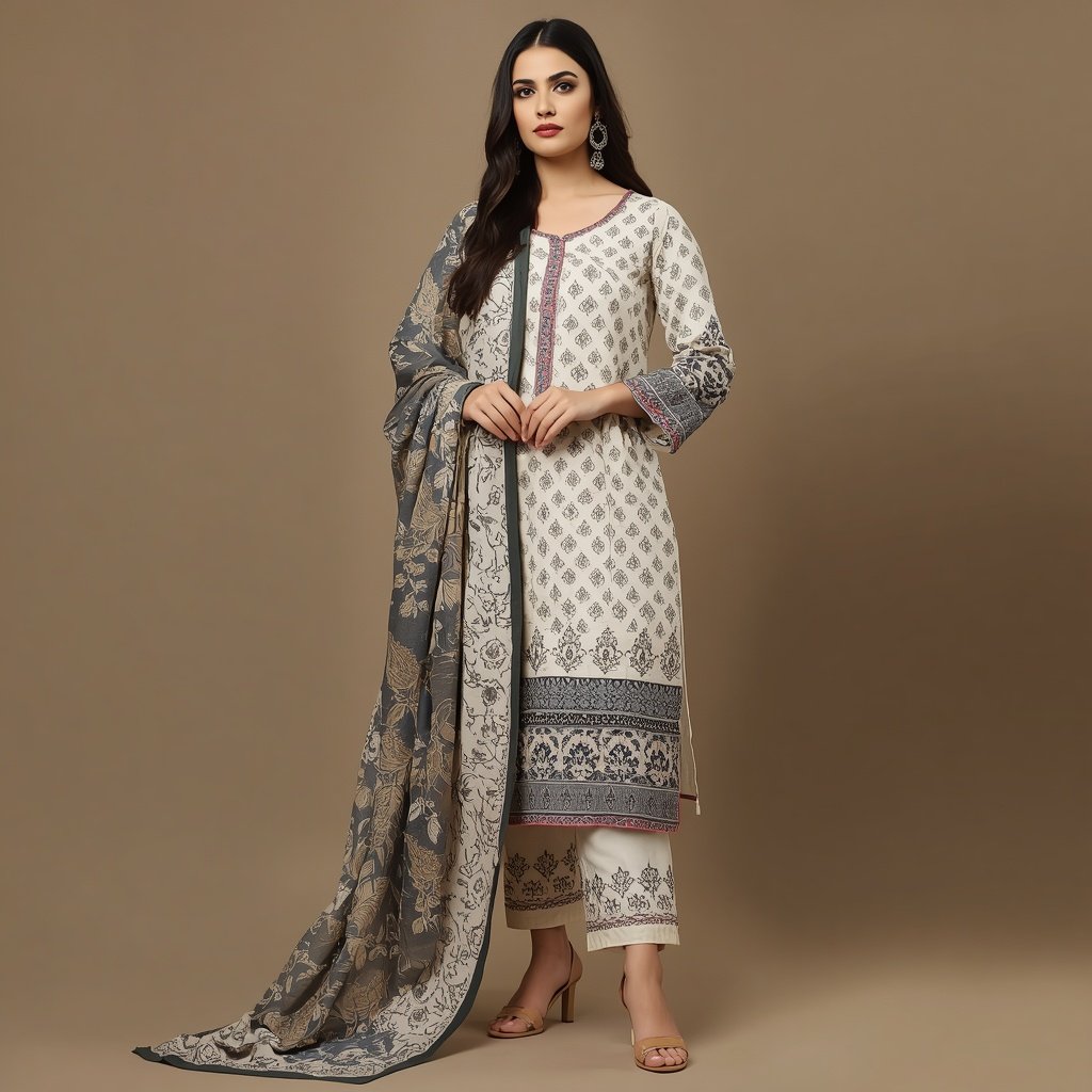 Monochrome Printed Cotton Straight Suit With Dupatta