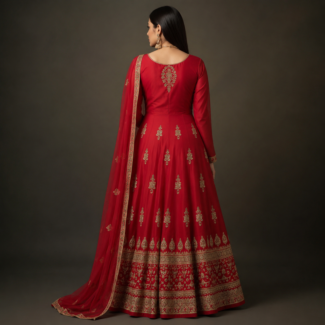 Classic Red Ethnic Anarkali Dress with Heavy Embroidery Work - Image 3