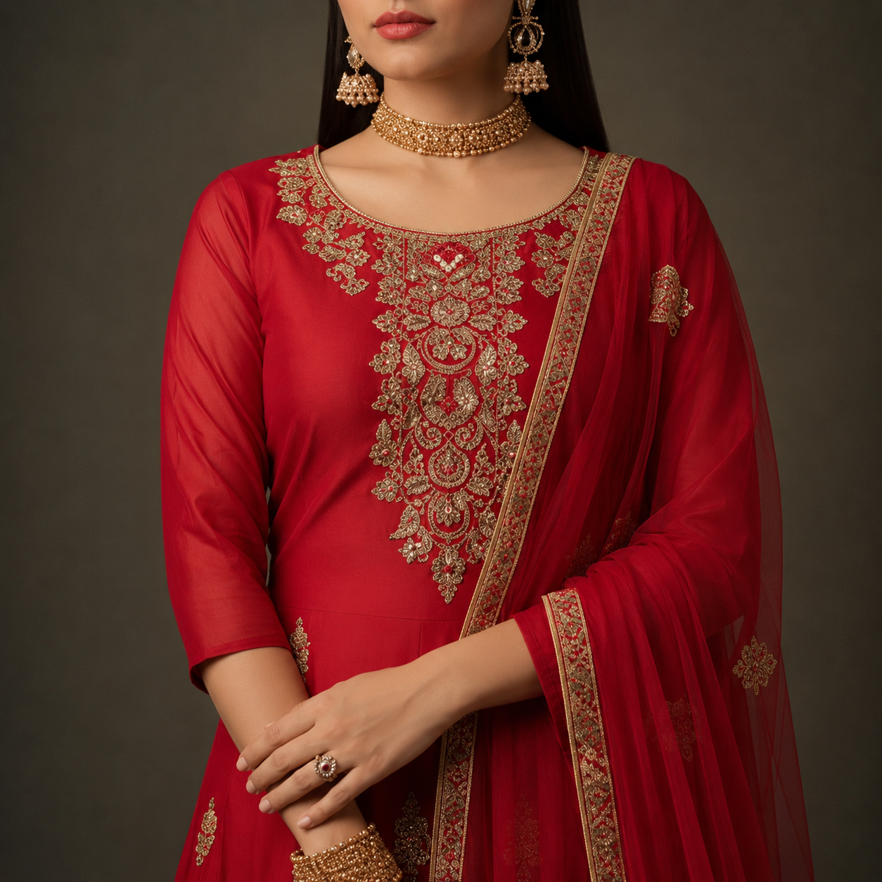 Classic Red Ethnic Anarkali Dress with Heavy Embroidery Work - Image 2