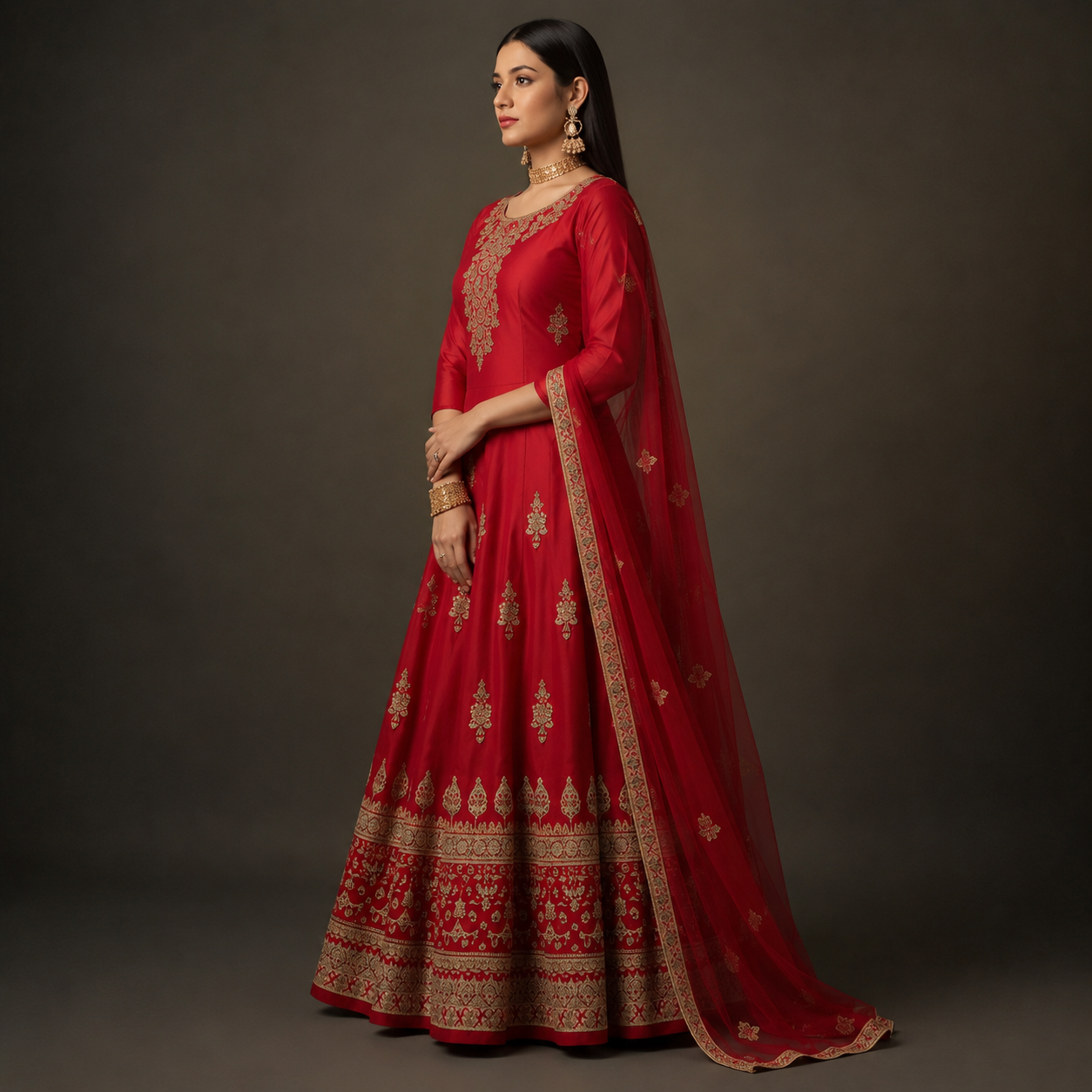 Classic Red Ethnic Anarkali Dress with Heavy Embroidery Work - Image 4