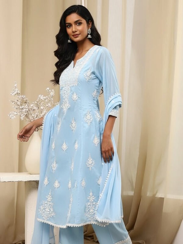 Blue Embroidered Kalidar Suit Set