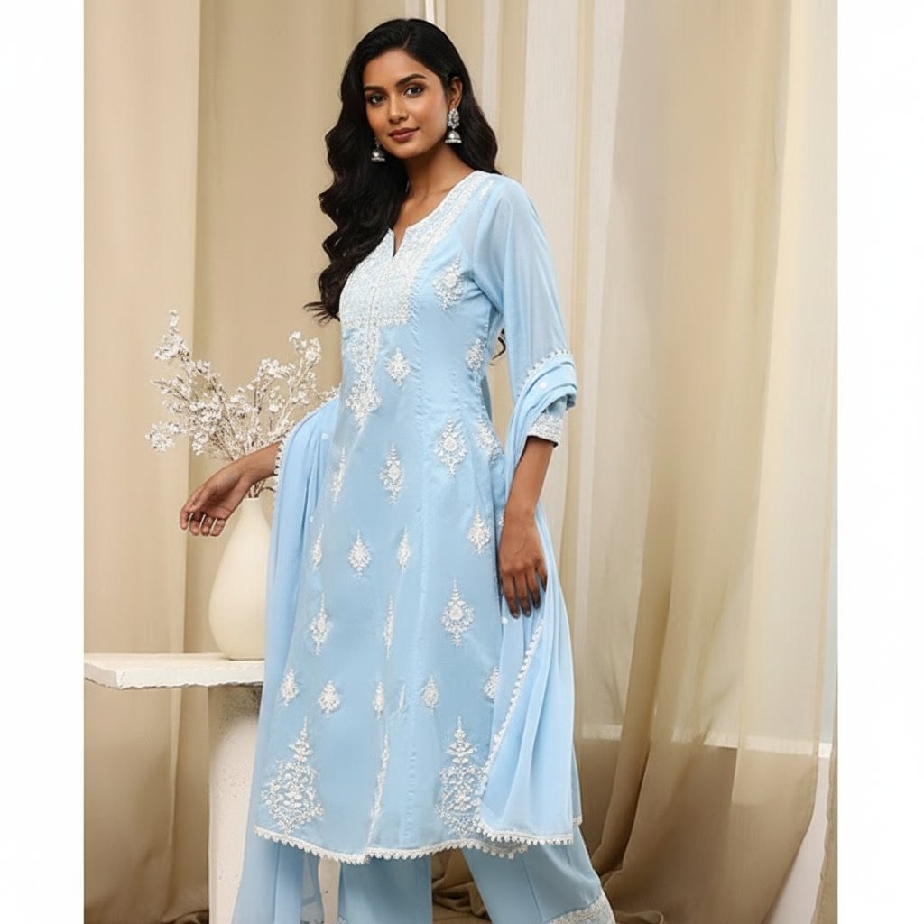 Blue Embroidered Kalidar Suit Set