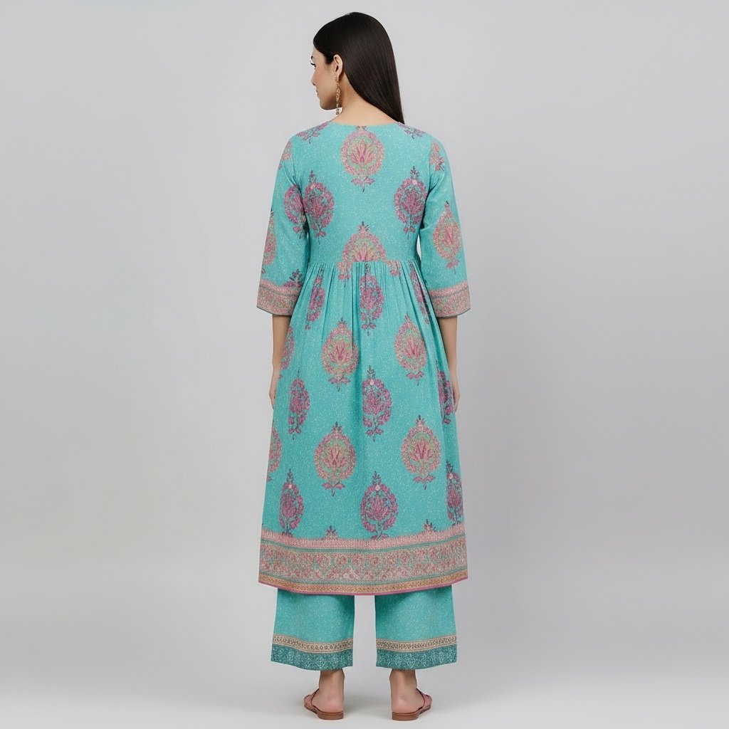 Turquoise Cotton Printed Kalidar Kurta Set - Image 3