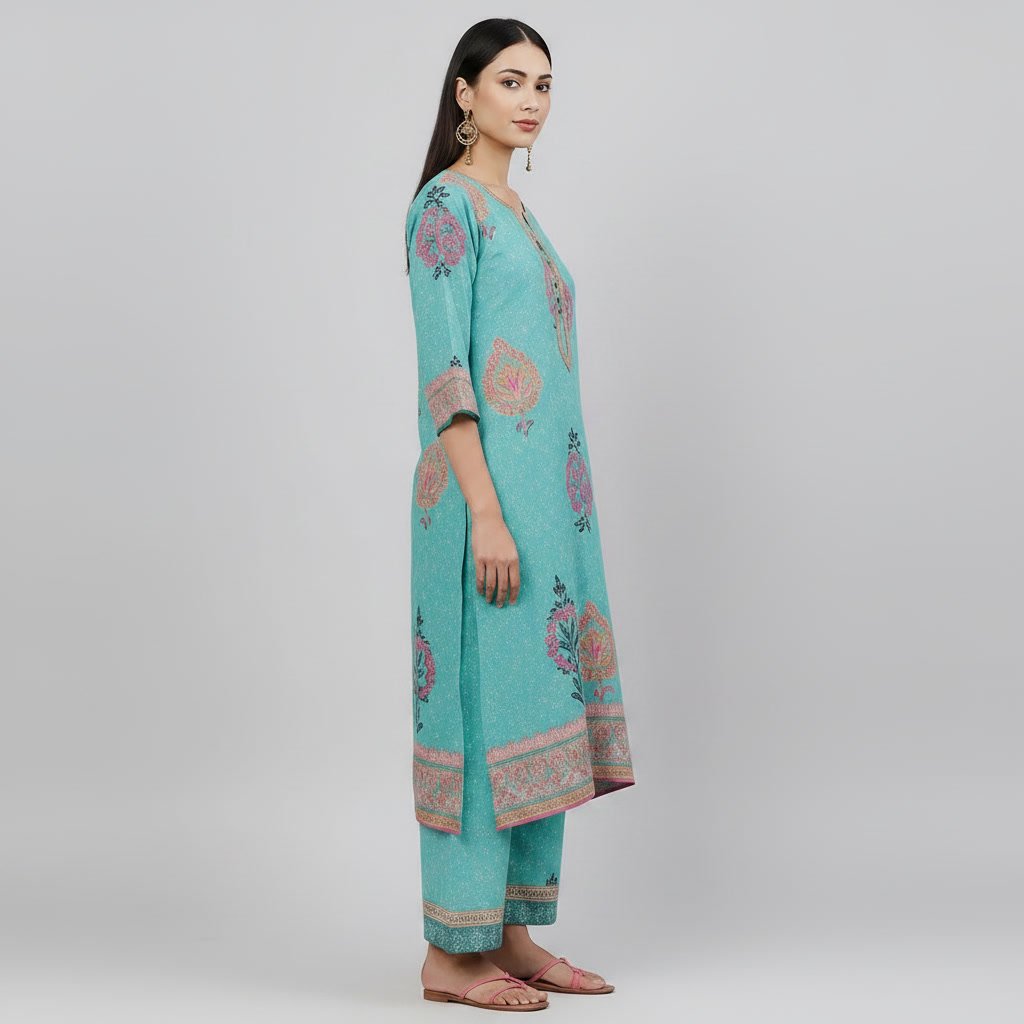 Turquoise Cotton Printed Kalidar Kurta Set - Image 4
