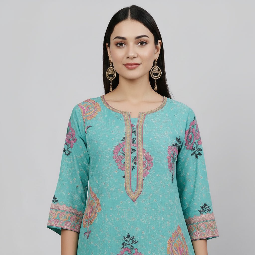Turquoise Cotton Printed Kalidar Kurta Set - Image 2