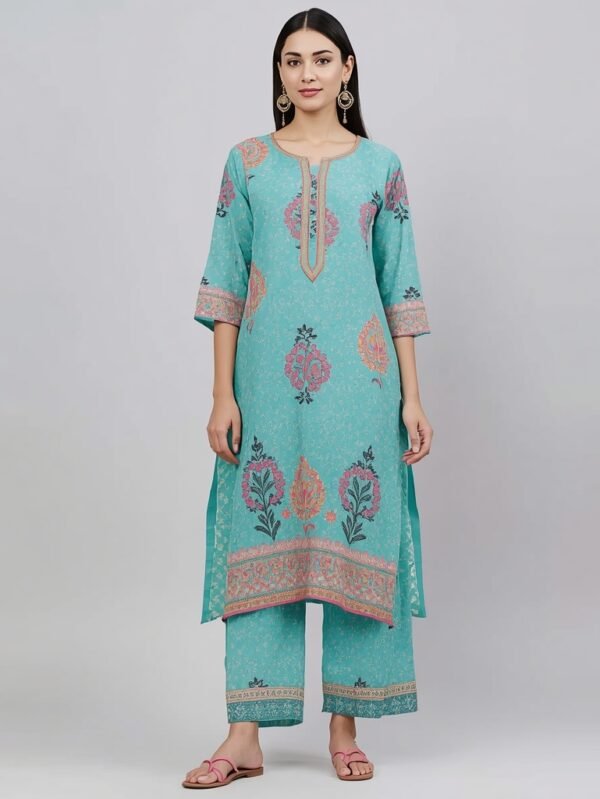 Turquoise Cotton Printed Kalidar Kurta Set