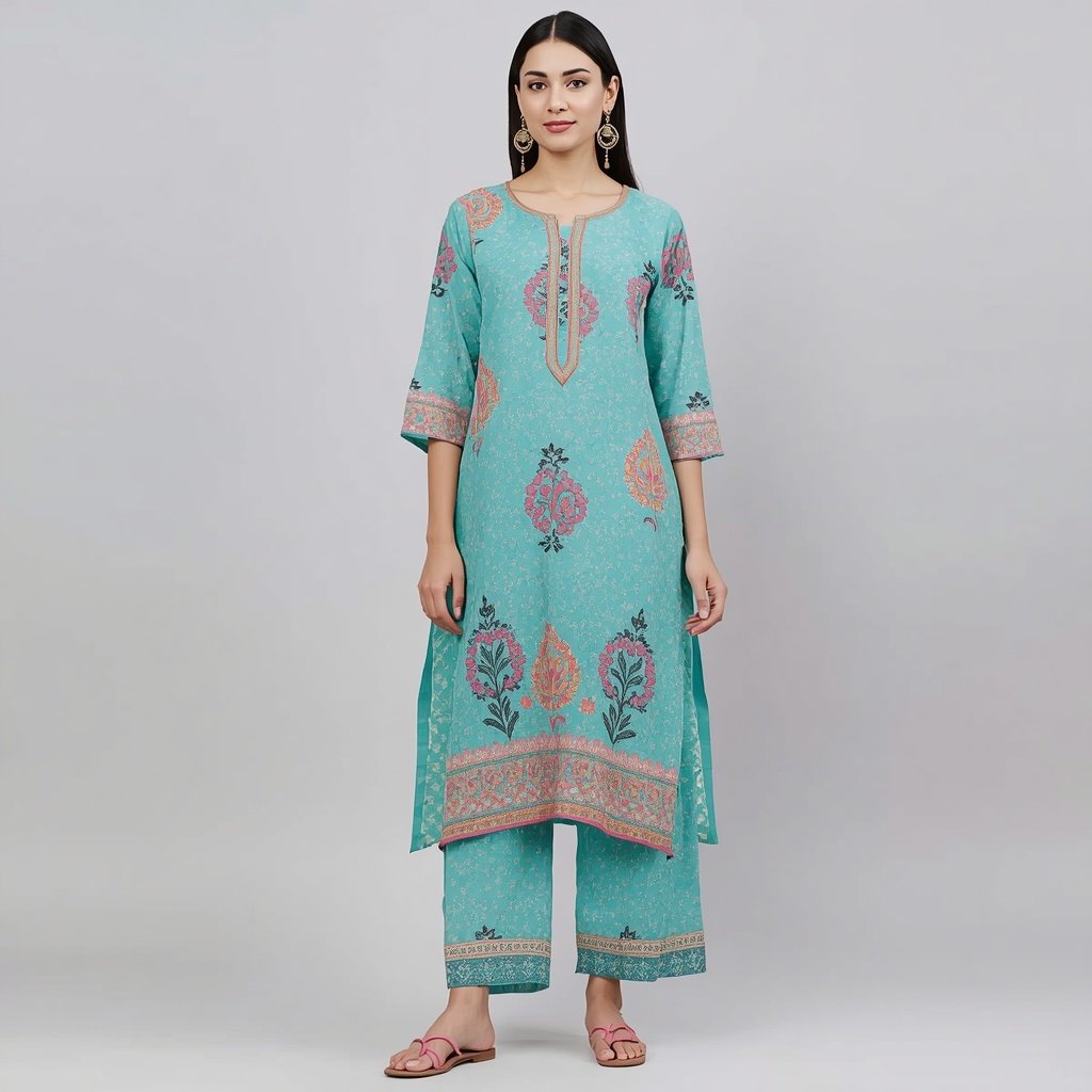 Turquoise Cotton Printed Kalidar Kurta Set