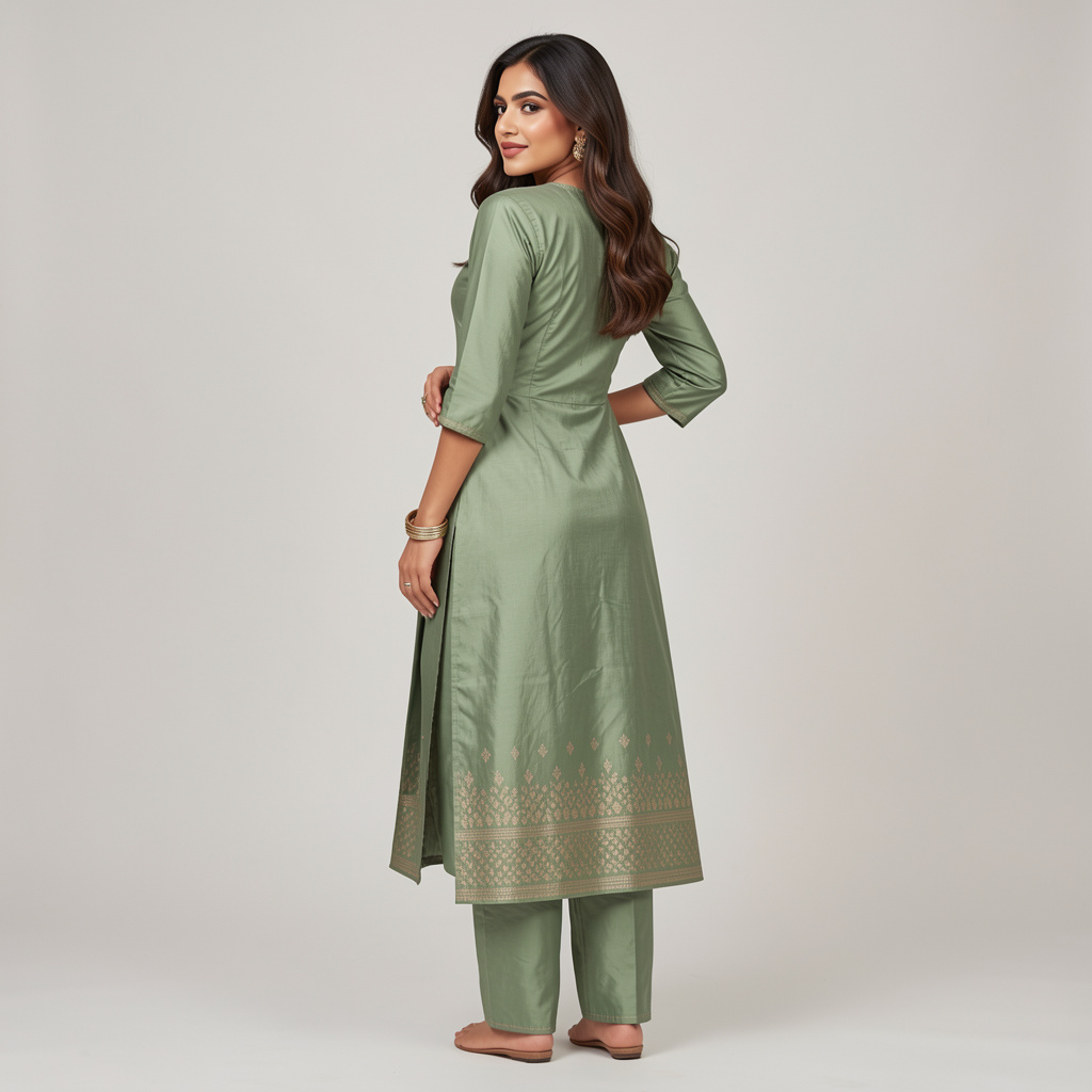 Sage Green Art Silk A-Line Kurta Regular Pant Suit Set - Image 4