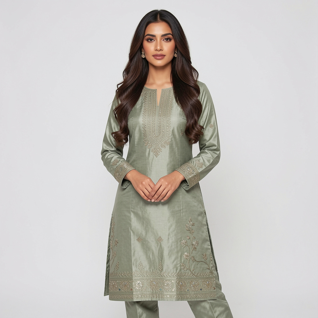 Sage Green Art Silk A-Line Kurta Regular Pant Suit Set