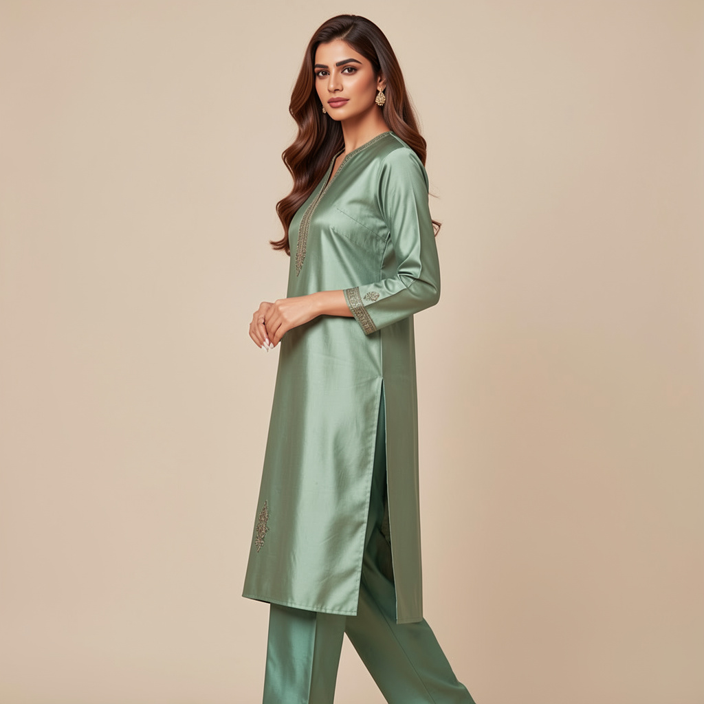 Sage Green Art Silk A-Line Kurta Regular Pant Suit Set - Image 3