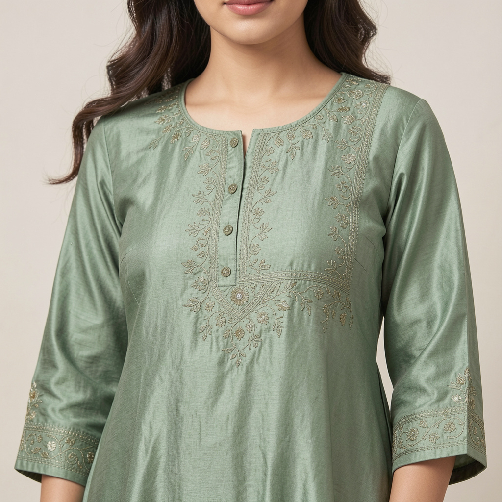 Sage Green Art Silk A-Line Kurta Regular Pant Suit Set
