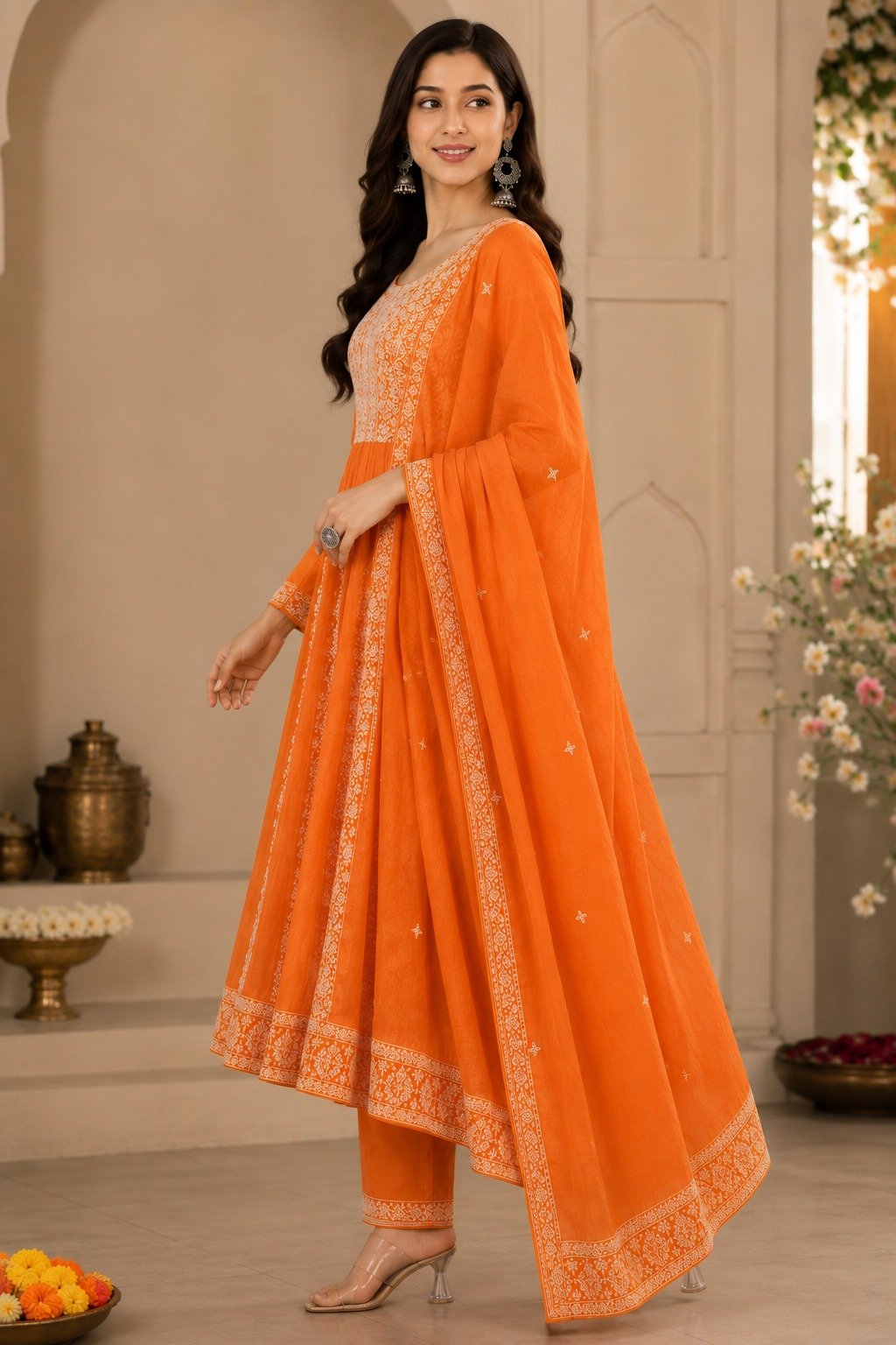 Vibrant Orange Embroidered Anarkali Kurta Set with Dupatta - Image 4