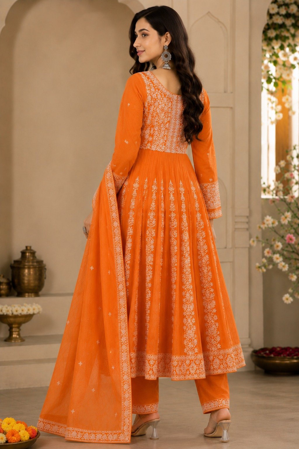 Vibrant Orange Embroidered Anarkali Kurta Set with Dupatta - Image 3