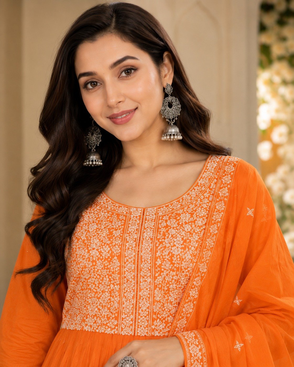 Vibrant Orange Embroidered Anarkali Kurta Set with Dupatta - Image 2
