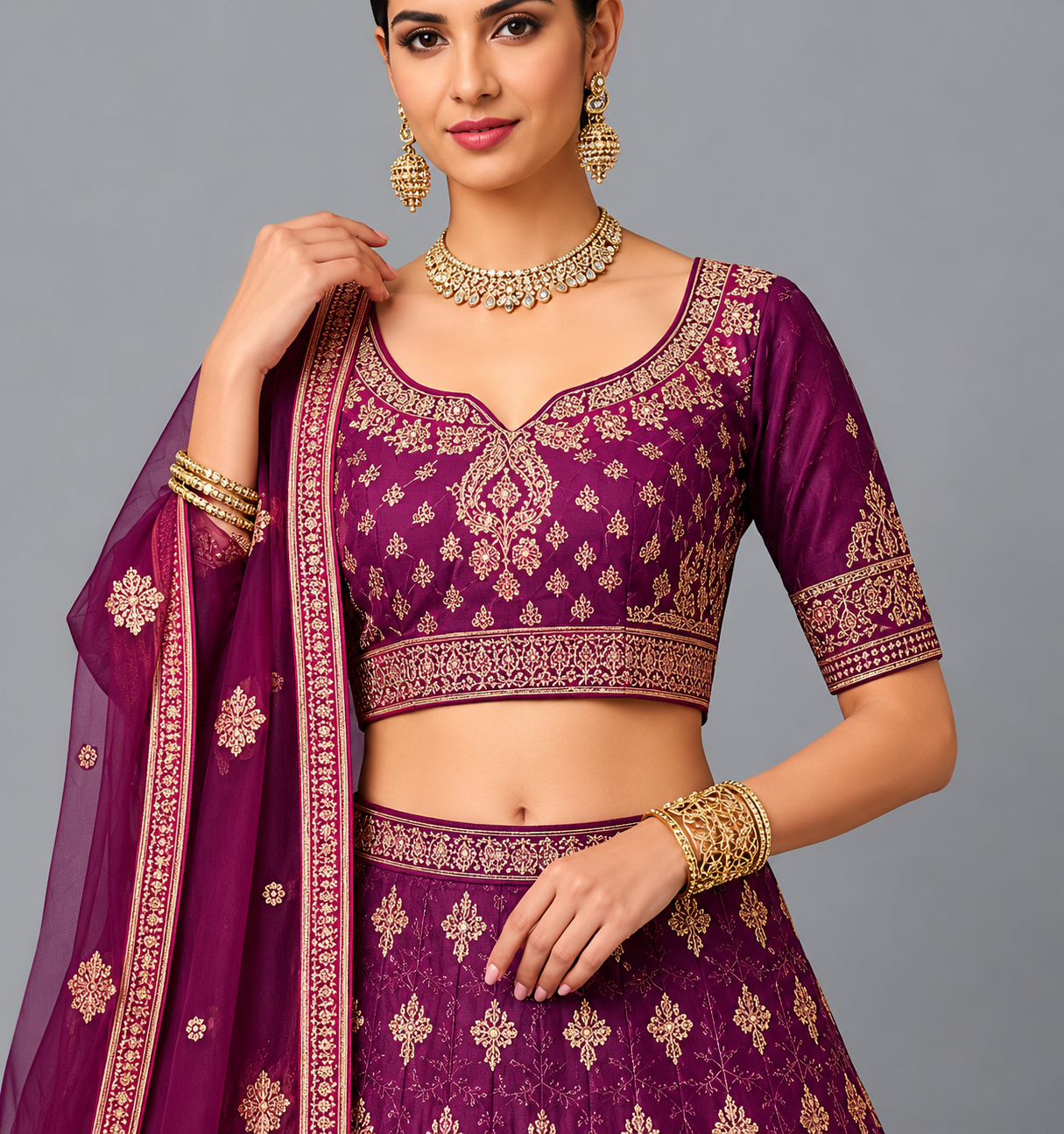 Royal Plum Embroidered Lehenga Choli Set with Dupatta - Image 3
