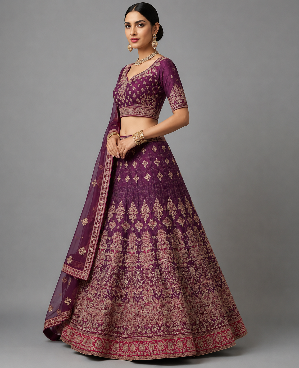 Royal Plum Embroidered Lehenga Choli Set with Dupatta - Image 2