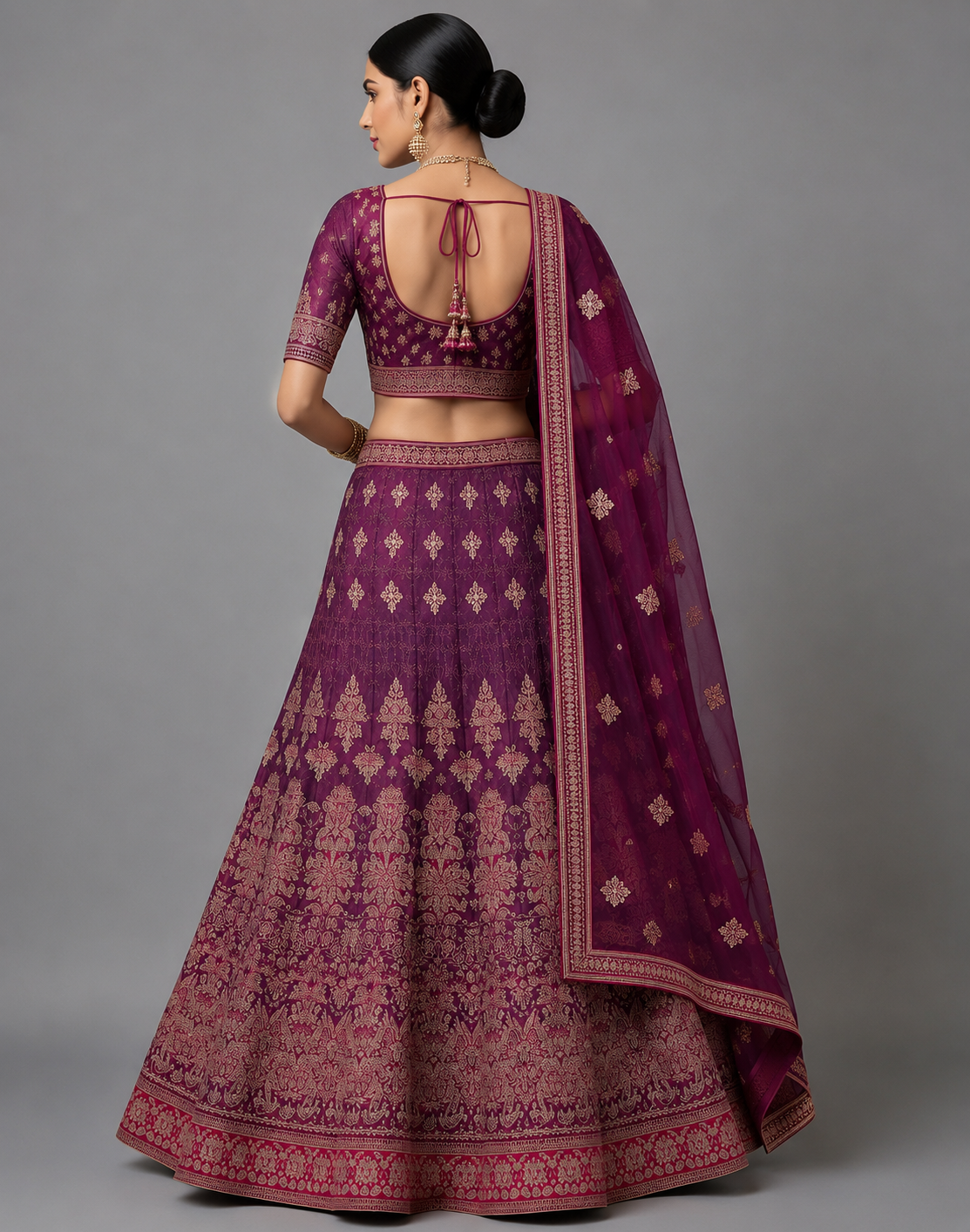 Royal Plum Embroidered Lehenga Choli Set with Dupatta - Image 4