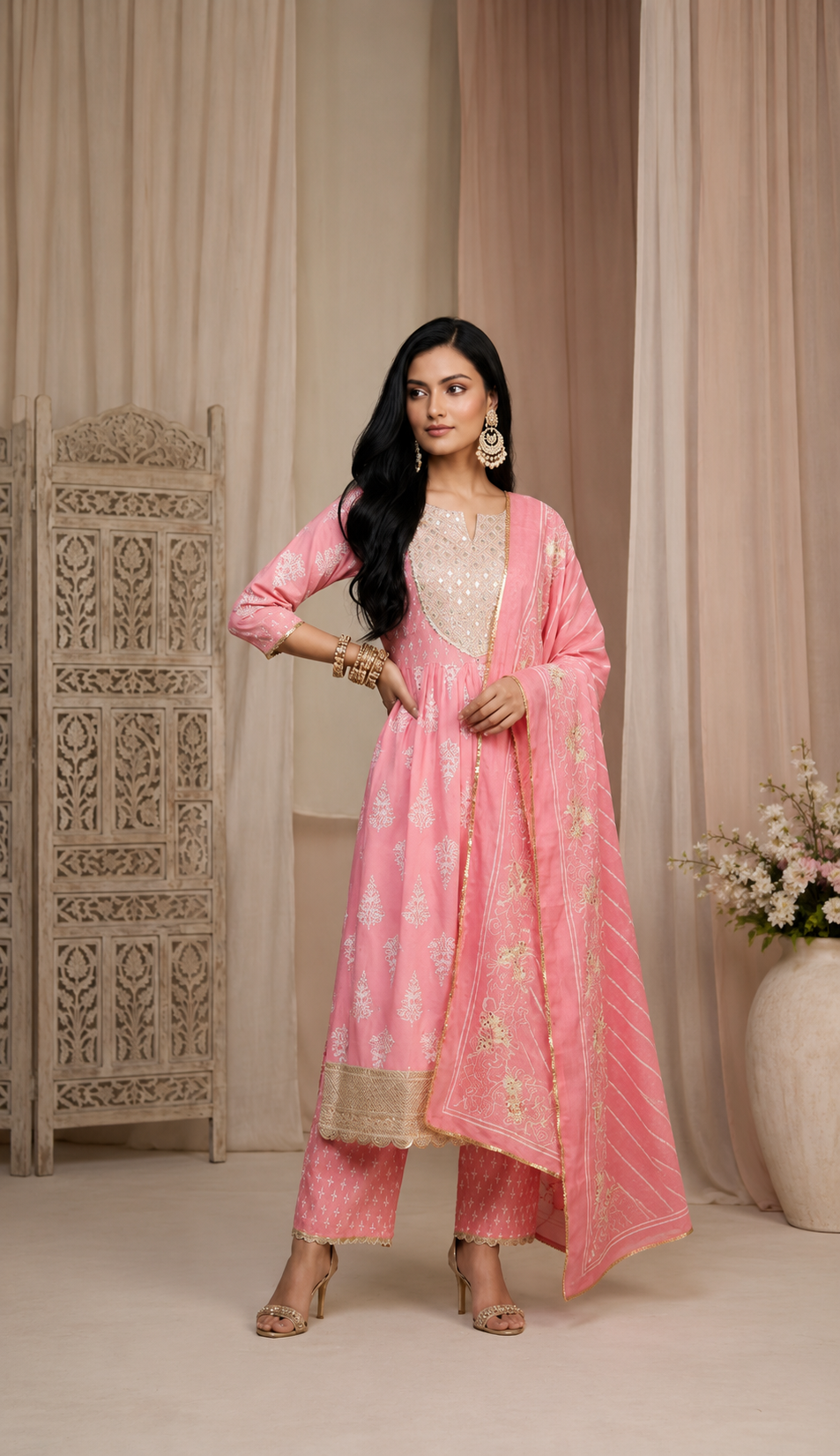 Blush Pink Embroidered Kurta Palazzo Set with Designer Dupatta