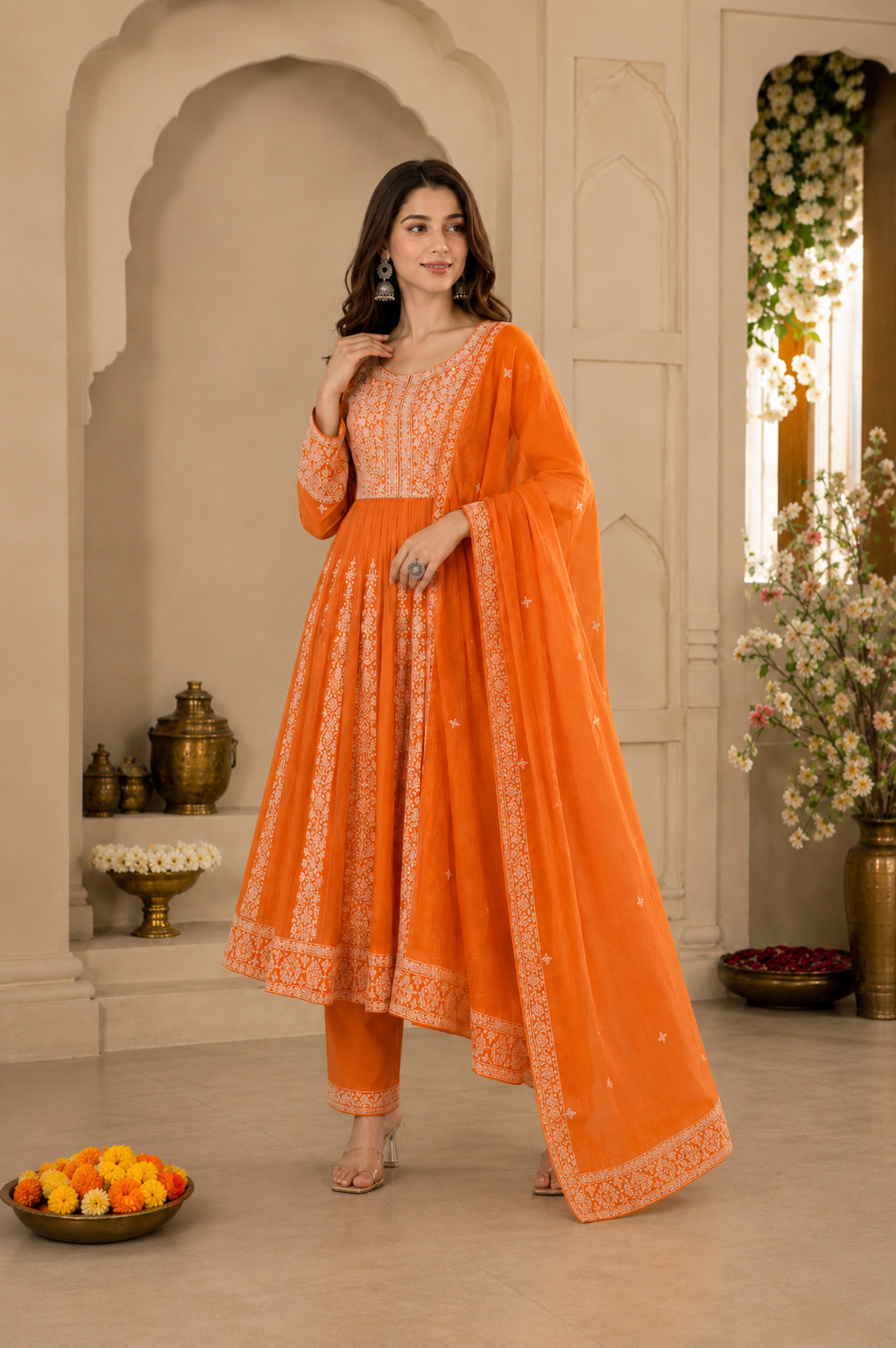 Vibrant Orange Embroidered Anarkali Kurta Set with Dupatta
