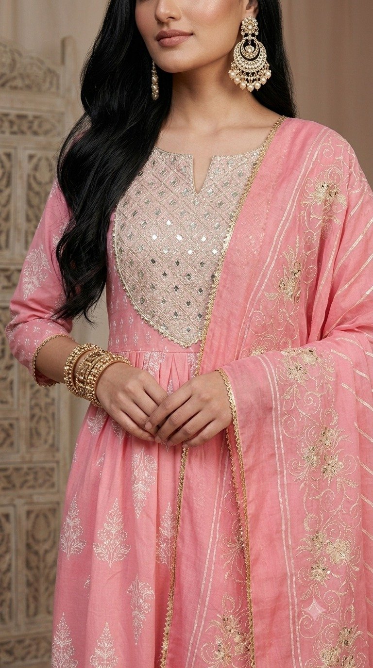 Blush Pink Embroidered Kurta Palazzo Set with Designer Dupatta - Image 3