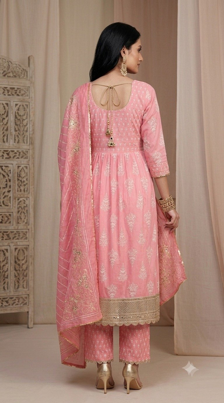 Blush Pink Embroidered Kurta Palazzo Set with Designer Dupatta - Image 4
