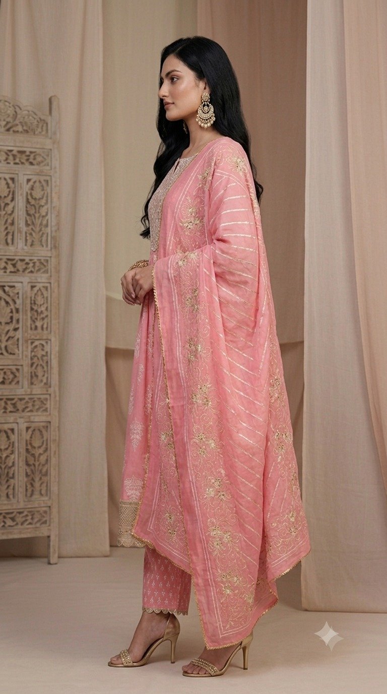 Blush Pink Embroidered Kurta Palazzo Set with Designer Dupatta - Image 2